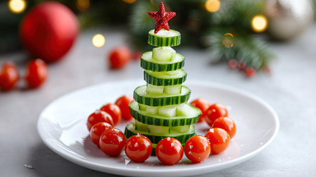 This unique food arrangement features a Christmas tree made from cucumbers and cherry tomatoes, perfect for holiday gatherings or festive parties.の素材