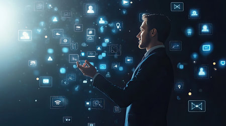 A businessman stands amidst floating digital icons representing communication and technology. The scene captures a moment of innovation and connection in a modern business environment.の素材