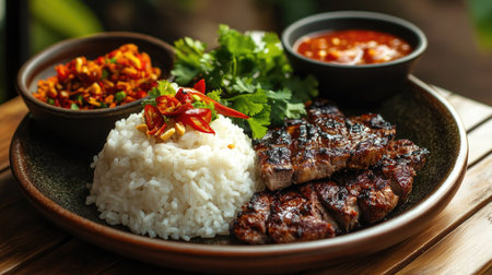 A beautifully arranged grilled steak platter featuring succulent meat, fluffy rice, and vibrant sauces, perfect for food photography and culinary inspiration.の素材