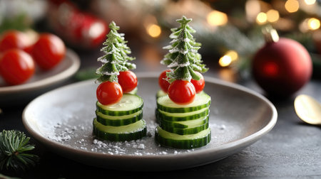 This festive arrangement features cucumber slices stacked and topped with cherry tomatoes, creating a playful holiday-themed display perfect for parties.の素材