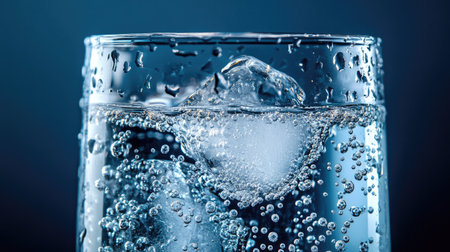 A close-up view of a clear glass filled with bubbly water and ice cubes, creating a refreshing and visually appealing drink against a dark background.の素材