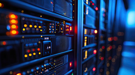 A close-up view of server racks in a modern data center with blinking LED lights. The blue tone enhances the technology atmosphere, showcasing advanced equipment in operation.の素材