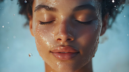 A close-up portrait of a young woman with closed eyes, showcasing her glowing skin adorned with water droplets. The image captures a sense of serenity and freshness.の素材