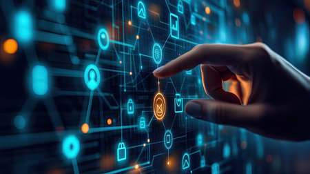 A close-up of a hand interacting with a glowing digital network interface. The illustration depicts a blend of technology and connectivity with various icons.の素材