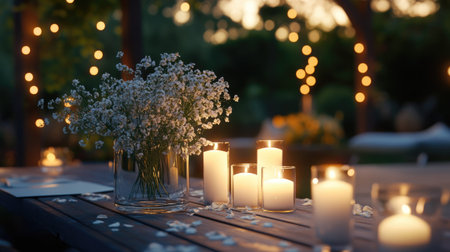 A romantic outdoor evening setting featuring delicate flowers in a vase, soft candlelight, and twinkling lights. Perfect for celebrations or intimate gatherings.の素材