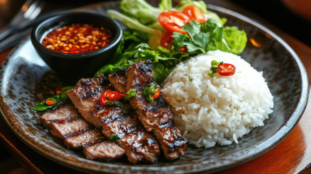 A delicious plate featuring savory grilled beef steak served with fluffy rice and a fresh vegetable salad, creating a perfect balance of flavors.の素材