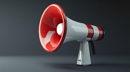 A bright megaphone rests on a gray background, symbolizing communication and outreach. Ideal for themes of marketing, announcements, and public engagement.の素材
