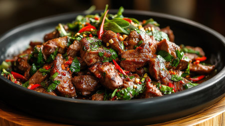 This vibrant beef stir fry features tender meat cooked with fresh herbs and colorful peppers, perfect for an enticing meal. Ideal for culinary presentations.の素材