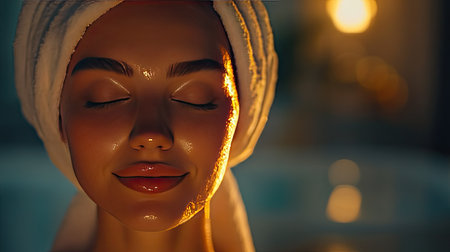 A serene woman with a glowing complexion enjoys a spa treatment, wrapped in a towel, surrounded by warm ambient light, radiating calmness and beauty.の素材