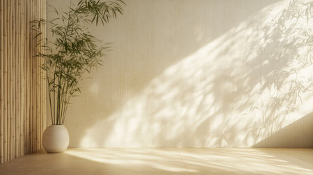 A serene indoor space showcasing a bamboo plant in a white pot, enhanced by soft light casting gentle shadows on a textured wall, promoting a calming atmosphere.の素材