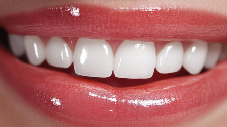 This close-up image features a beautiful smile showcasing healthy lips and bright white teeth, embodying freshness, beauty, and confidence. Ideal for beauty and wellness themes.の素材