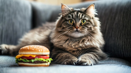 A charming cat lounging on a couch alongside a tasty cheeseburger, capturing a moment of relaxation and curiosity. Perfect for pet lovers and foodies.の素材