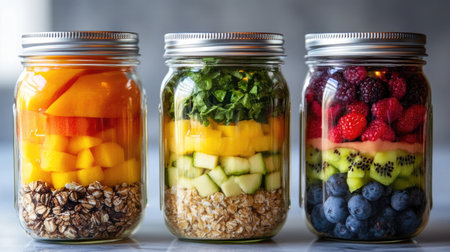 Colorful layered jars filled with fresh fruits, oats, and superfoods create a nutritious and visually appealing meal prep option for health enthusiasts.の素材