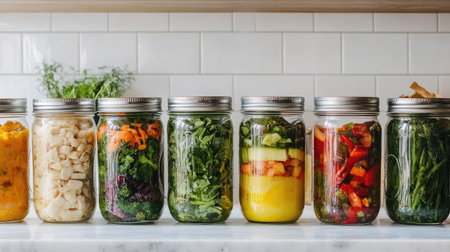 A collection of mason jars showcasing a variety of fresh vegetables and fruits. Perfect for healthy meal preparation and vibrant kitchen displays.の素材