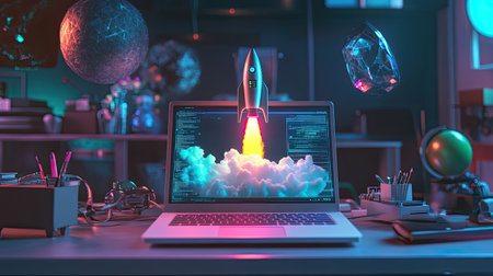 A futuristic scene featuring a laptop with a rocket launching into colorful clouds. The vibrant glow and modern design invoke creativity and innovation in technology.の素材