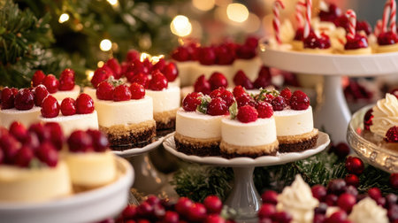 A beautiful display of mini cheesecakes topped with fresh raspberries, perfect for holiday gatherings or festive celebrations. An enticing sweet treat.の素材