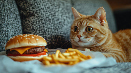 An adorable orange cat curiously watches a delicious hamburger and golden fries. This cozy indoor scene captures the playful interaction between pets and food.の素材