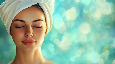 A tranquil image of a woman with closed eyes, a towel wrapped around her head, embodying relaxation and self-care against a soft bokeh background.の素材