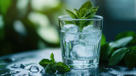 A refreshing mint drink served with ice cubes in a clear glass, surrounded by green leaves. Perfect for a summery beverage or relaxation moment.の素材