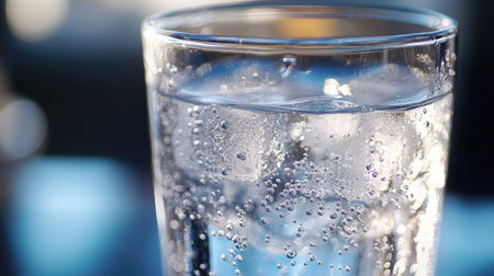 A close-up view of a refreshing glass filled with sparkling water and ice cubes. Bubbles rise through the clear liquid, creating an inviting and cool drink perfect for hydration.の素材