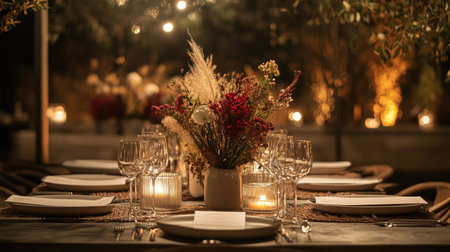 A beautifully arranged table setting featuring a floral centerpiece, elegant glassware, and soft candlelight, creating a warm and inviting atmosphere for gatherings.の素材