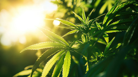 A stunning close-up of green hemp leaves bathed in sunlight, showcasing the intricate details and vibrant colors that represent healthy plant growth in nature.の素材