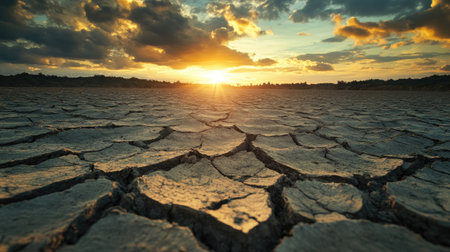 A stunning view of dry cracked earth showcasing the effects of drought, illuminated by a beautiful sunset. Dramatic clouds add to the landscape's charm.の素材