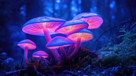 A captivating view of glowing mushrooms nestled in a tranquil forest, illuminated by soft blue light. This enchanting scene showcases the beauty of nature.の素材