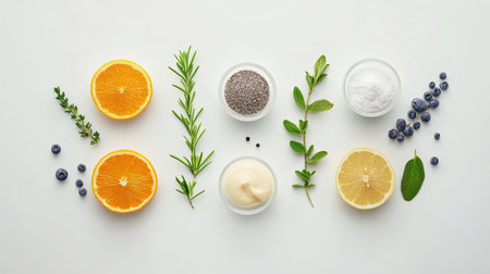 A visually appealing arrangement of fresh ingredients, showcasing orange, lemon, blueberries, and herbs. Perfect for promoting healthy cooking and natural flavors.の素材