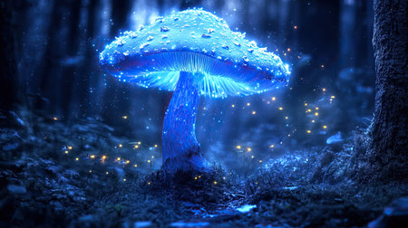 A mesmerizing blue mushroom emits an ethereal glow in a dark forest, surrounded by sparkling lights. This image captures the essence of a magical and tranquil environment, evoking fantasy and wonder.の素材