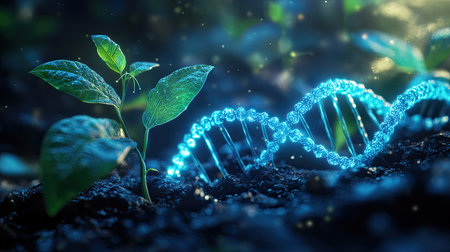 A vibrant depiction of a green plant growing in soil with a glowing DNA helix emerging beside it, illustrating the connection between nature and scientific progress.の素材