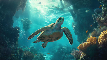 Dive into a stunning underwater scene showcasing a graceful sea turtle swimming peacefully through a vibrant coral reef, illuminated by sunlit waters.の素材