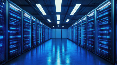 This image showcases a modern data center interior, featuring rows of servers illuminated by vibrant blue lighting. The sleek environment highlights advanced technology.の素材