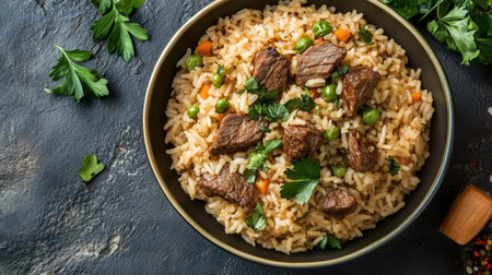 A delightful beef fried rice bowl topped with fresh vegetables and herbs. This dish features tender beef pieces mixed with fluffy rice, perfect for any meal.の素材
