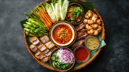 A vibrant traditional Thai platter showcasing fresh vegetables, aromatic herbs, and a variety of delicious sauces perfect for sharing at any meal occasion.の素材