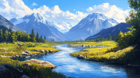 A stunning landscape showcasing a serene river flowing through majestic mountains under a bright blue sky, with lush greenery and peaceful reflections.の素材