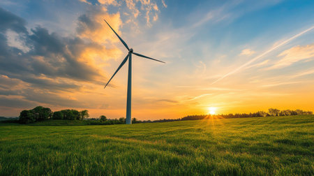 A stunning sunset over a vibrant green field featuring a tall wind turbine. The scene captures the essence of renewable energy and nature's beauty.の素材