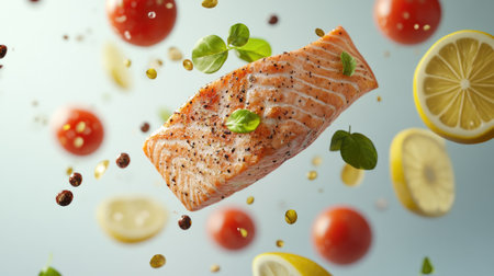 A fresh salmon fillet elegantly floats among vibrant lemon slices and cherry tomatoes, showcasing its rich texture and flavor. Perfect for healthy recipes.の素材