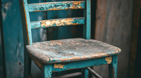 A vintage wooden chair showcasing a rustic blue paint, beautifully distressed and worn, perfect for adding a touch of nostalgia to any space.の素材