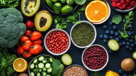 A colorful assortment of fresh fruits and vegetables displayed in bowls. Perfect for promoting healthy eating, nutrition, and vibrant cooking.の素材