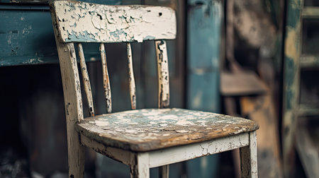 A vintage wooden chair showcasing distressed paint and a rustic charm, set in an antique environment. This piece reflects timeless craftsmanship and simplicity.の素材