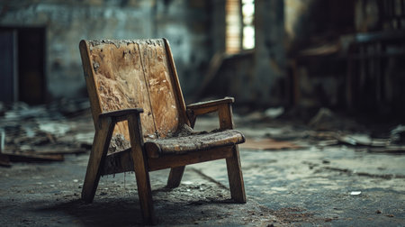 A worn wooden chair sits alone in an abandoned room, evoking a sense of nostalgia and decay. The detailed textures highlight years of neglect and history.の素材