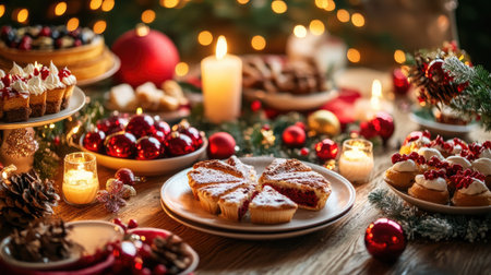 This festive table setting features an array of holiday desserts surrounded by candlelight and seasonal decorations, evoking warmth and joy for gatherings.の素材