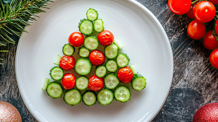 Enjoy a festive display of sliced cucumbers and cherry tomatoes arranged like a Christmas tree on a plate. This creative food art showcases healthy eating during the holiday season.の素材