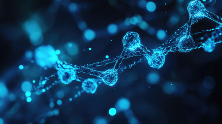 This vibrant image showcases a blue molecular structure set against an abstract background, emphasizing connections and energy in scientific exploration, ideal for technology and research themes.の素材