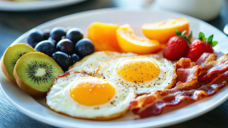 A vibrant breakfast plate featuring sunny-side-up eggs, crispy bacon, and an assortment of fresh fruits, showcasing a delicious and nutritious morning meal.の素材