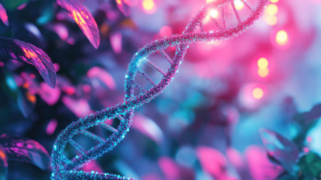 This vibrant and colorful image showcases an abstract representation of a DNA strand intertwined with lush greenery, featuring a harmonious blend of light.の素材