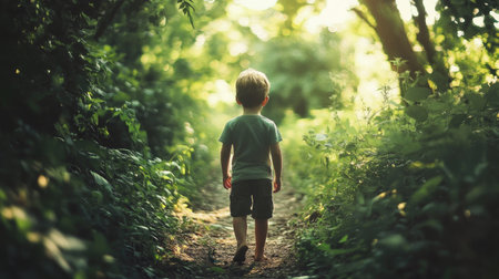 A young boy walks along a serene path through a vibrant forest, enveloped in soft sunlight and lush greenery. This scene captures the essence of childhood exploration.の素材