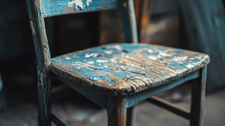 This rustic wooden chair features a weathered surface with blue peeling paint, showcasing its unique character and timeless charm, ideal for interior decor.の素材