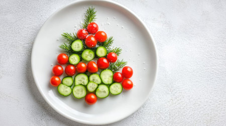 This artistic plate arrangement showcases a festive Christmas tree made from fresh tomatoes and cucumbers, perfect for holiday celebrations and healthy dining.の素材